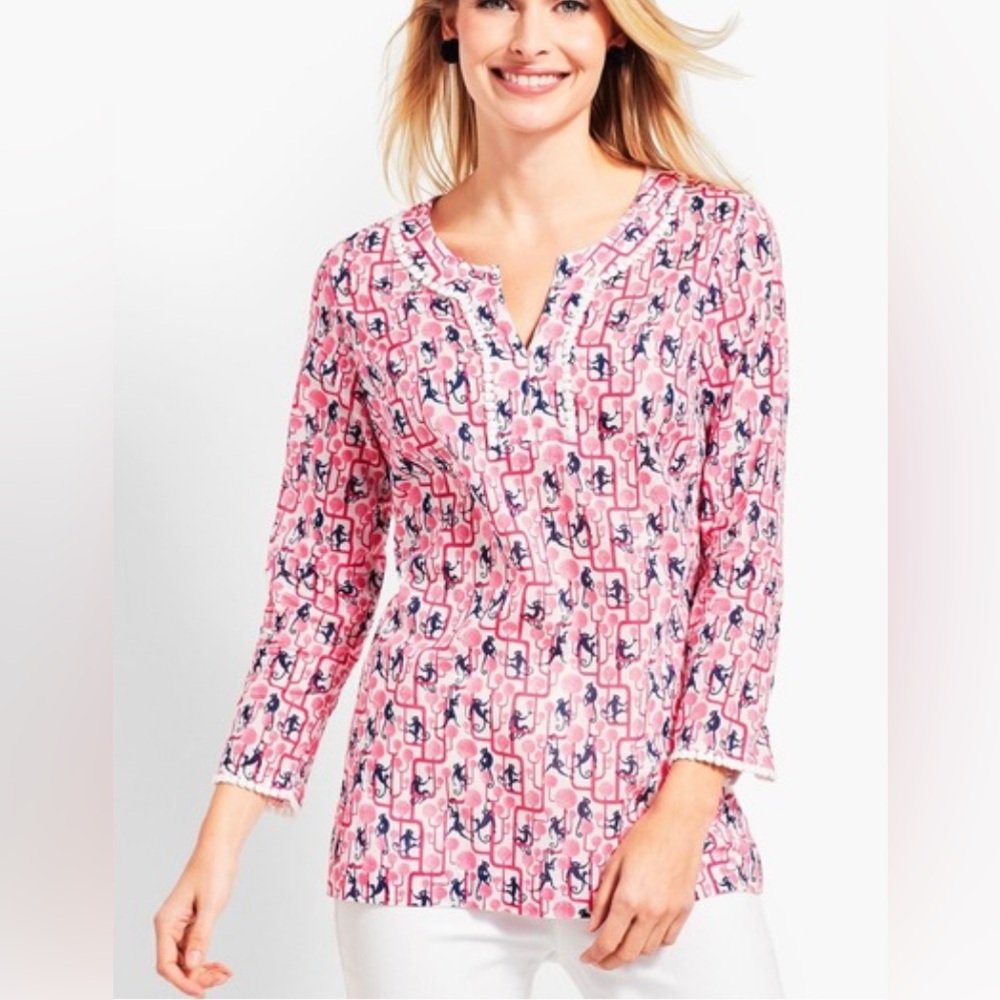 Talbots Monkey Print Blouse Top Pink Blue Mp Tunic Casual Playful Animal Preppy